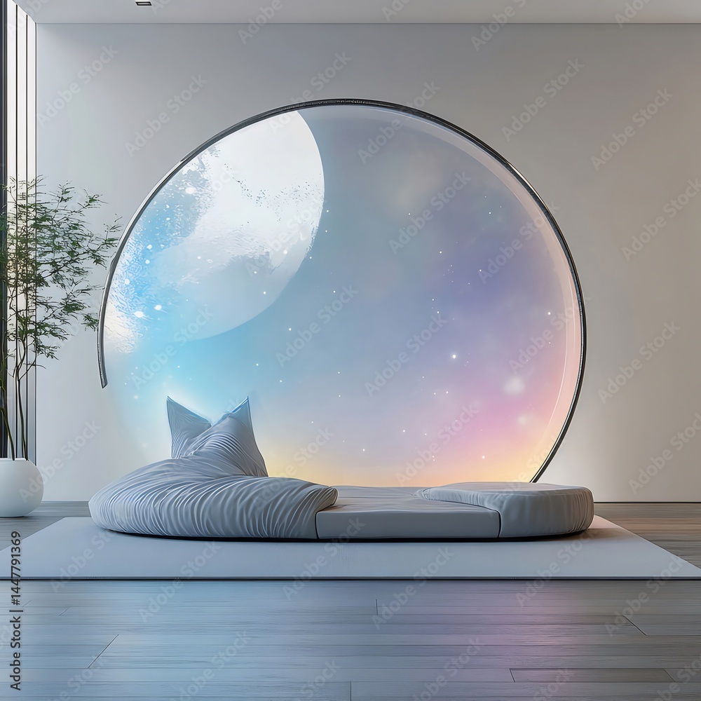 Aufkleber 白とグレーのインテリア 球体ドームと動物型クッションに囲まれた未来的なベッド 台座と植物が配置された幻想的な空間
