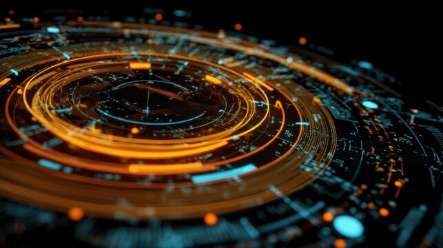 Abstract representation of a futuristic technological interface with glowing circular patterns and data points.