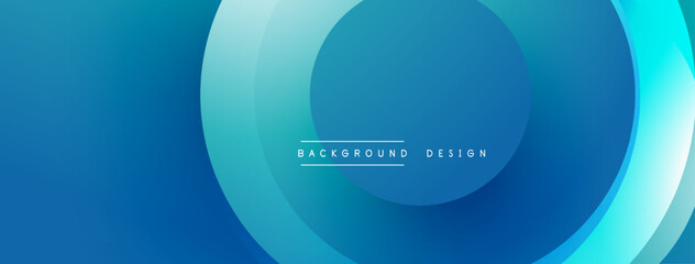 Abstract blue layers create dynamic background. Circular shapes overlap, forming modern design element. Gradient shades enhance visual depth.