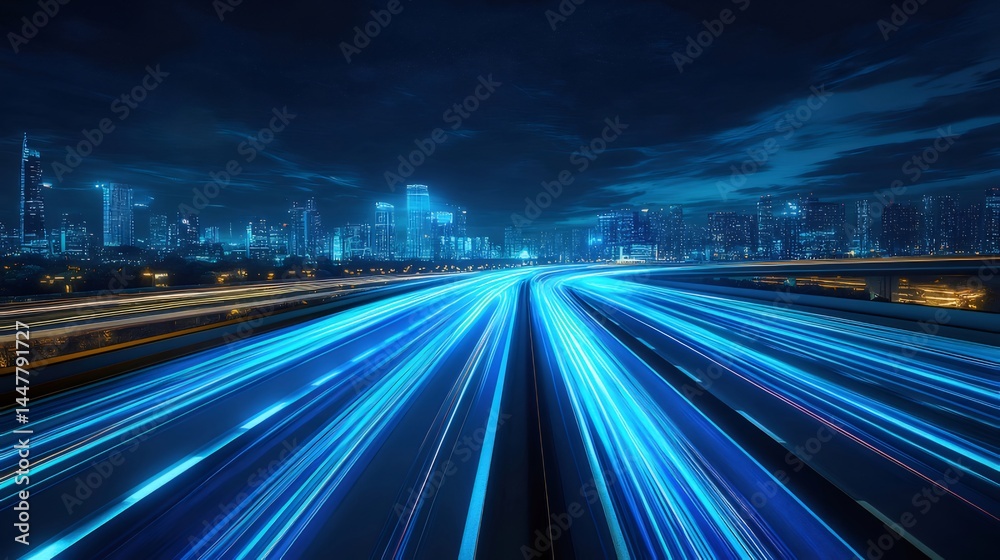 Poster 青色の光跡が走る夜の高速道路と都市の夜景 抽象的なデジタル技術と未来的なデザインの風景