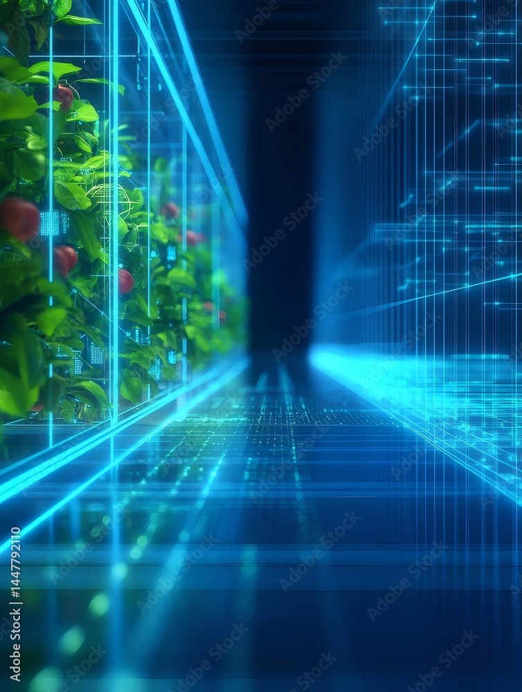 Poster 未来的な青い光と植物が織りなすデジタル技術の光景 抽象的な空間に浮かぶ未来都市のインフラ