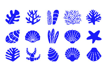 Set of Coral and Seashell Silhouettes, Marine Vector Icons Featuring Various Coral Shapes, Spiral Shells, Sea Fans, and Ocean-Inspired Decorative Elements.