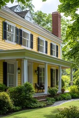 Fototapeta premium Classic Yellow House with Porch: An inviting yellow house with a classic design, featuring a welcoming front porch and surrounded by lush greenery, exudes charm and tranquility. The front porch.