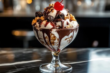 A decadent chocolate ice cream sundae with cherries and nuts.
