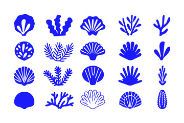 Set of Coral and Seashell Silhouettes, Marine Vector Icons Featuring Various Coral Shapes, Spiral Shells, Sea Fans, and Ocean-Inspired Decorative Elements.