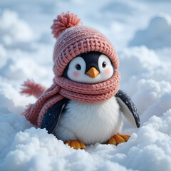 Fototapeta premium Baby penguin bundled up in a bobble hat and scarf surrounded by snow