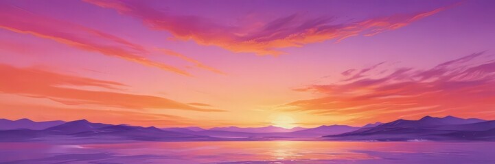 Fototapeta premium Fluid orange purple sunset watercolor wash, painterly texture, design, sunset, landscape