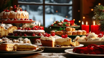 Naklejka premium Festive Holiday Desserts and Decorations on a Wooden Table with Candles in a Winter Scene