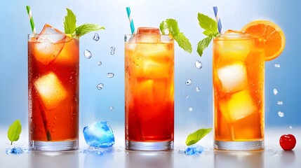 Refreshing Assortment of Colorful Summer Beverages with Ice and Fresh Mint on a Bright Background