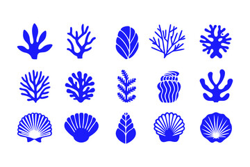 Set of Coral and Seashell Silhouettes, Marine Vector Icons Featuring Various Coral Shapes, Spiral Shells, Sea Fans, and Ocean-Inspired Decorative Elements.