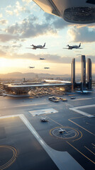 Smart airport with flying cars landing on vertical pads, distant horizon 