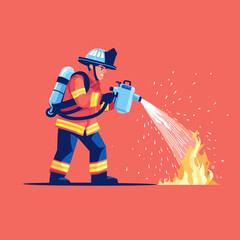 A firefighter sprays water on a fire in a cartoon style.