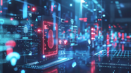 Futuristic high-tech control room or interface concept, featuring glowing digital screens, holographic elements (fingerprint), and network data streams in blue/red.
