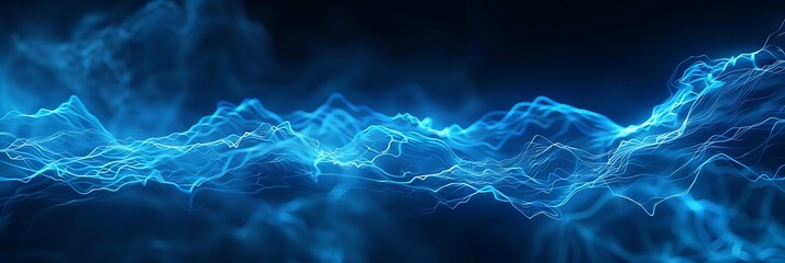 Abstract panoramic background showing flowing waves of glowing blue particles or energy against a dark, deep space backdrop. Futuristic digital concept banner.
