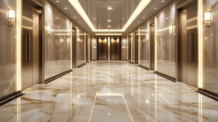 Luxurious, modern hallway with marble floors and multiple elevator doors lined with warm lighting.