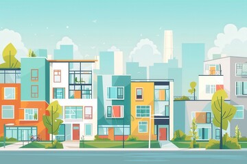 Naklejka premium Whimsical housing complex flat design geometric patterns, joyful atmosphere, clean style grain.