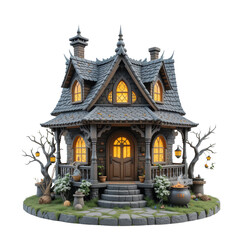 Obraz premium Enchanting Halloween Cottage A Spooky Yet Charming Dark Fantasy House with Lit Windows and Cauldron