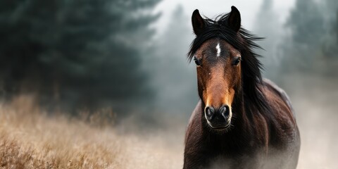 Majestic horse running through misty field in early morning light