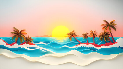 Layered Palm Trees and Ocean Waves at Sunset Tropical Island Paradise Illustration