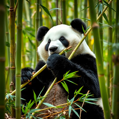 Obraz premium A giant panda leisurely gnawing on bamboo deep in the bamboo forest