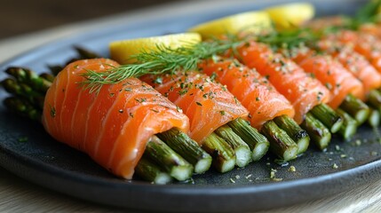 Salmon rolls with asparagus and lemon slices on a dark rectangular plate.