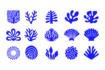 Set of Coral and Seashell Silhouettes, Marine Vector Icons Featuring Various Coral Shapes, Spiral Shells, Sea Fans, and Ocean-Inspired Decorative Elements.