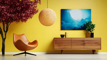 Modern Interior Design Featuring Yellow Wall and Stylish Furniture with Artistic Decor Elements