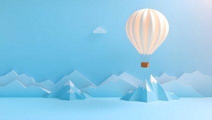 3D Paper Cut Hot Air Balloon Flying Over Mountains Minimalist Design