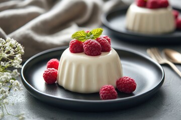 Creamy panna cotta topped with fresh raspberries and mint.