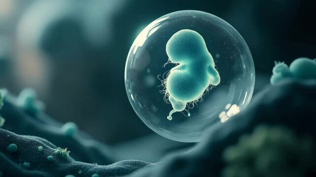 IVF and Embryo Concept ,Glowing embryo in sterile lab, encapsulated within transparent sphere, showcases macro cinematic details.