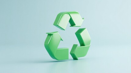 3d rendered image of single recycling symbol made from glossy green material hovering against pale sky background