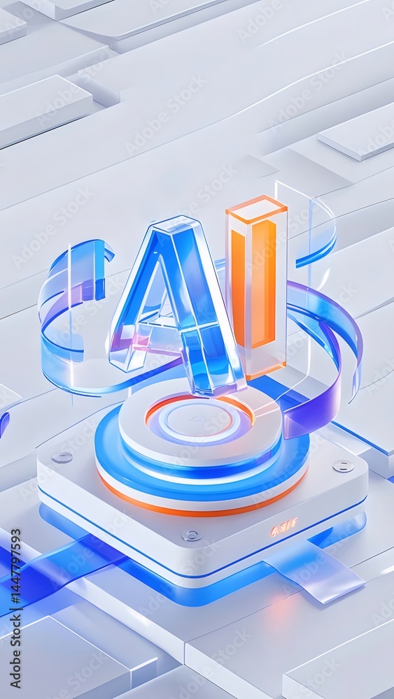 Aufkleber 3dで表現されたaiの文字 青とオレンジのアクセントが特徴的な抽象的なデザイン