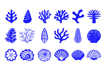 Set of Coral and Seashell Silhouettes, Marine Vector Icons Featuring Various Coral Shapes, Spiral Shells, Sea Fans, and Ocean-Inspired Decorative Elements.