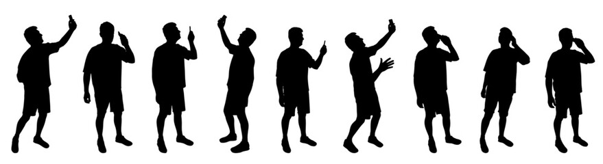 Set of silhouettes. Man with phone. Person taking selfie with smartphone and talking by mobile. Vector illustration.