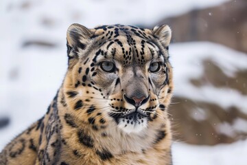 Obraz premium Snow leopard portrait in mountains using a 500mm lens, fur detail visible, compressed snowy background.