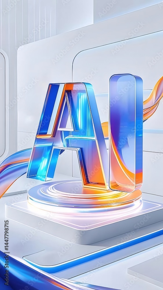 Aufkleber 透明感のあるaiの文字が光る未来的なデザイン 鮮やかな青とオレンジの色彩と曲線が美しい3dグラフィック