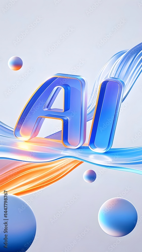 Poster 輝く青いaiの文字とオレンジ色の光線による抽象的なデジタル表現 未来的なデザインの3dレンダリング 白い背景