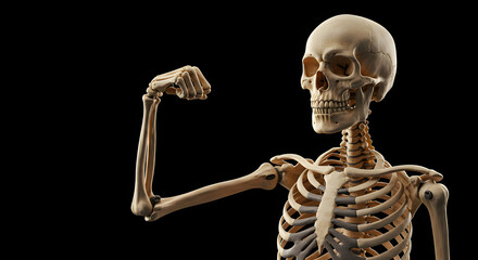 Detailed Skeletal Anatomy Showing Bone Structure with Arm Flexing on Dark Background