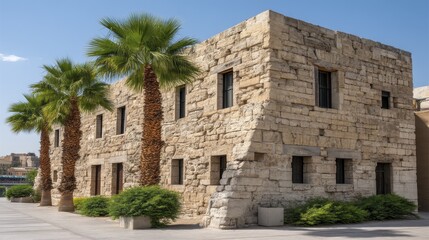 Naklejka premium Stunning historical building, towering palm trees, sunny blue sky, idyllic scene - scene lush calm blue
