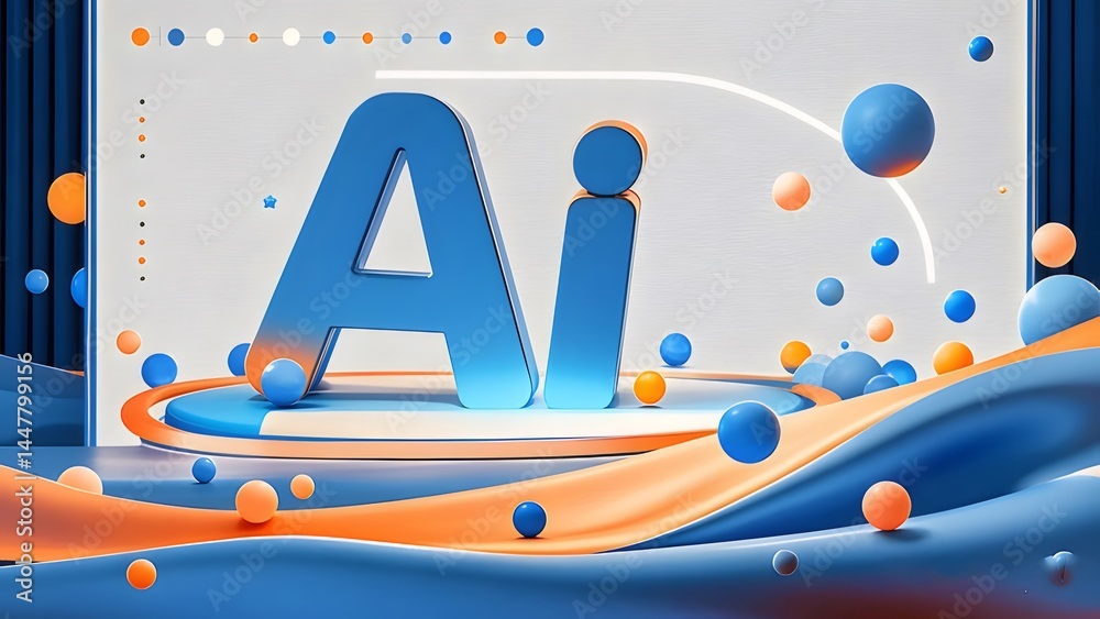 Aufkleber 青いai文字とオレンジと青の球体が描かれた3dグラフィック 未来的なデジタル技術の概念