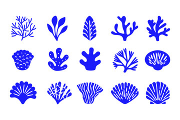 Set of Coral and Seashell Silhouettes, Marine Vector Icons Featuring Various Coral Shapes, Spiral Shells, Sea Fans, and Ocean-Inspired Decorative Elements.