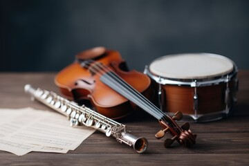 Fototapeta premium diverse collection of musical instruments arranged harmoniously on wooden stage showcasing essence of various music