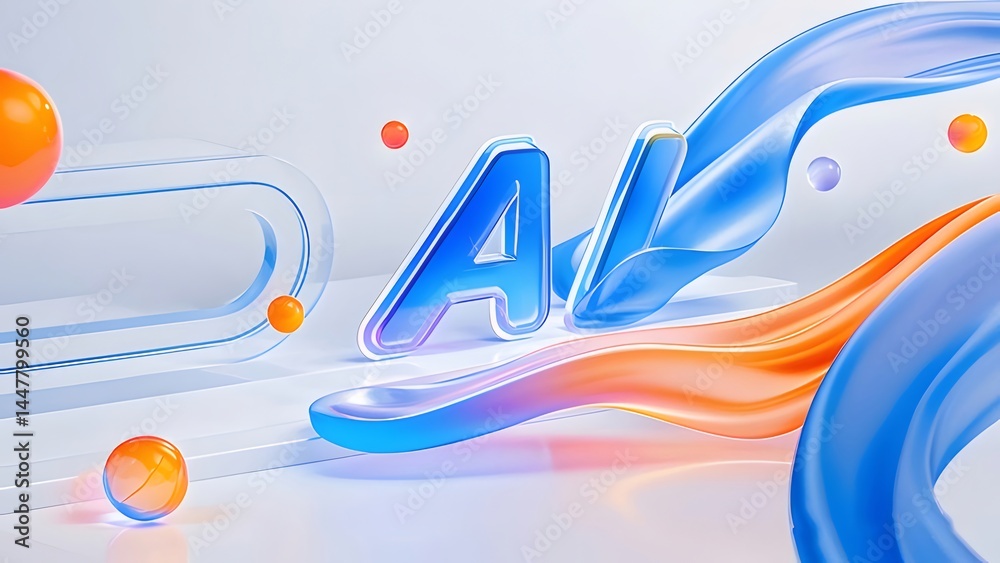 Poster 3D Rendered Artificial Intelligence Text With Fluid Shapes and Gradient Colors on White Background