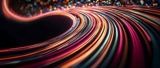 Abstract background with colorful glowing lines and dots. Dynamic digital art with a sense of speed