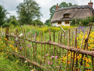 Woven willow fence panels frame a cottage garden, wildflowers bloom before a thatched roof house watermark.