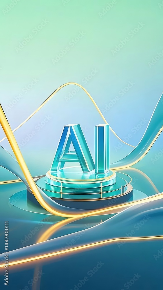 Aufkleber 青色と緑色のai文字が金色と水色の曲線で描かれた未来的なデザインの背景