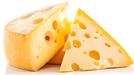 Two Pieces of Gouda Cheese with Distinctive Holes Displayed on a White Background