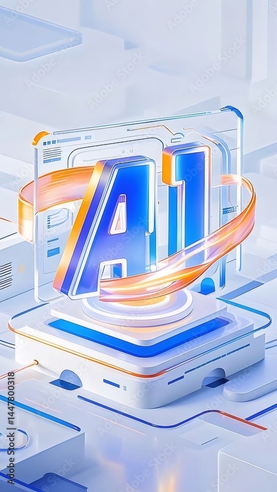 Aufkleber 青とオレンジの光沢のある文字aiの立体的な3dグラフィックデザイン 白と青の抽象的な背景 未来的な技術コンセプト
