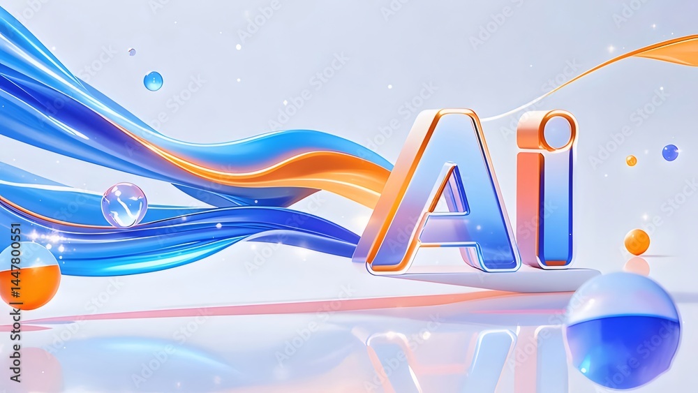 Poster 3D Rendered Ai Text With Blue And Orange Wavy Lines And Floating Spheres On White Background