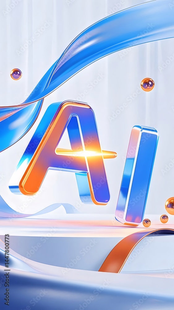 Poster 光沢のあるaiの文字が青とオレンジ色に輝く3dレンダリングされた抽象的な背景